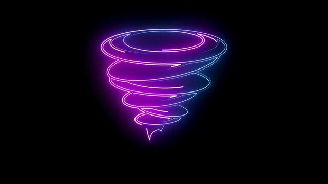  animation of the tronado icon on a black background. Neon lines circle around as a strong wind blows. A sign representing weather or the danger ofstrange nature