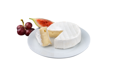 Camembert cheese on plate with fruits on transparent background