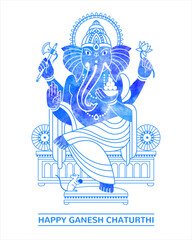 Happy Ganesh Chaturthi greeting card. Ganesha figure watercolor vector illustration, aquarelle poster. Blue watercolour stains God Ganpati Birthday modern style simple flat, line art. Print design.