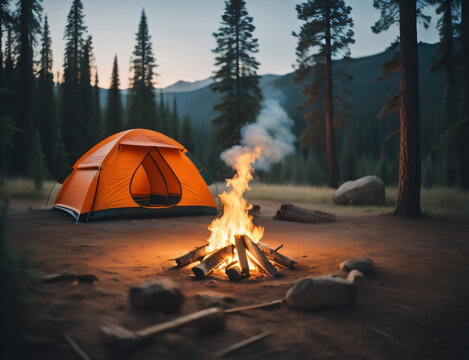 Tent is set up next to a campfire, bright orange camp fire
