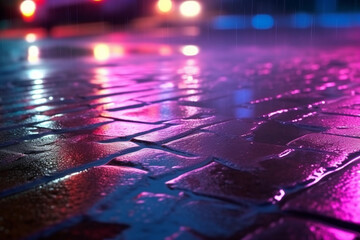 Abstract interplay of neon lights, searchlight, and smoky darkness on wet asphalt. Generative AI
