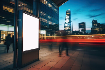 Mockup of blank advertising light box on the bus stop with people walking by. Motion blur effect, Digital Media billboard, signboard for product advertisement design, .Generative AI	
