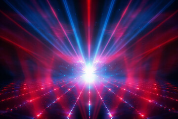 Captivating blue and red shining rays set the disco vibe. Generative AI