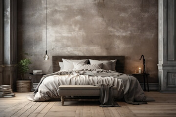 Modern bedroom interior design and comfortable bed. Rustic style,ai generated