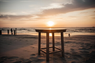 Fototapeta na wymiar Wooden table on the beach at sunset,ai generated