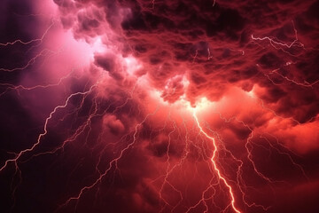 Dark red stormy sky crackling with electrifying apocalyptic lightning. Generative AI