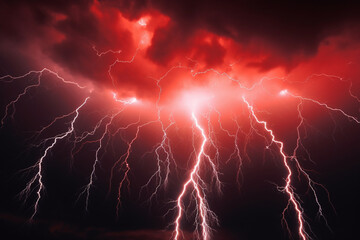 Dark, stormy sky ablaze with intense red lightning bolts. Generative AI