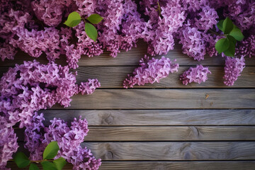 Delicate lilac flowers on rustic wooden plank backdrop, spring's purple beauty. Generative AI