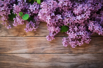 Delicate lilac flowers on rustic wooden plank backdrop, spring's purple beauty. Generative AI