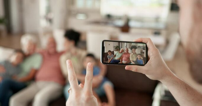 Phone screen, hands and home family bond, pose and memory photo of weekend reunion, love and care picture. Photography, smartphone or relax grandparents, parents and children together for online post
