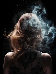 Woman in smoke with swirling background and sparkling particles, AI