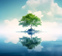 Green tree sitting on a small island surrounded by the ocean with a blue sky.
