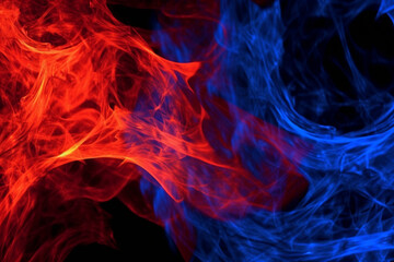 Fototapeta premium Fiery red and electric blue flames contrast on a black canvas. Generative AI