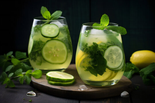 Refreshing mint cocktail mojito with rum and lime, cold drink or beverage with ice on black background,ai generated