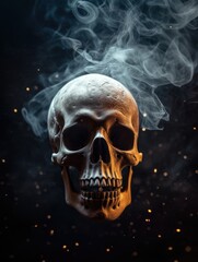 Skull in smoke with swirling background and sparkling particles, AI