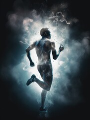 Obraz na płótnie Canvas runner silhouette in smoke with swirling background and sparkling particles, AI