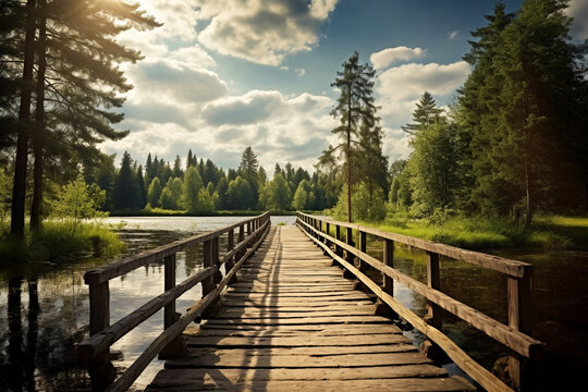 Old wooden bridge over the river, landscape. High quality photo