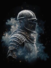 midlevel knight in smoke with swirling background and sparkling particles, midlevel warrior AI