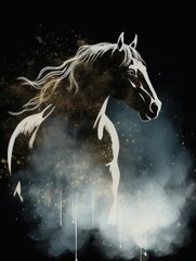 Obraz na płótnie Canvas Stallion in smoke with swirling background and sparkling particles, horse emerging from the smoke, AI