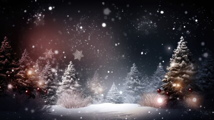 Fototapeta na wymiar Christmas background of snowy scene of trees and snow falling from the sky for websites, banners, graphics and cards. Holiday web banner, winter, AI