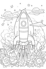 Spaceship coloring page for kids and adults. Generative AI Illustration