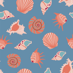 Fototapeta premium Seamless vector pattern with seashells on a blue background. Hand-drawn various clam shells. Pink and blue colors. Cute ocean background. The concept of a vacation trip.