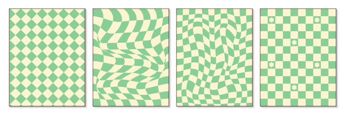 Groovy retro 70s backgrounds in green colors. Checkerboard, waves patterns. Vector posters with lines, squares and hearts in groovy style. Y2k aesthetic.