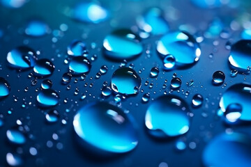 Mystical water drops on a deep blue canvas with gradient and luminous highlights. Generative AI