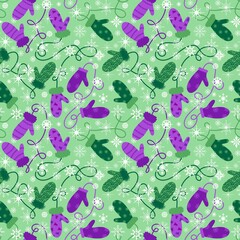 Winter gloves seamless Christmas mittens with snowflakes pattern for wrapping paper and fabrics and linens