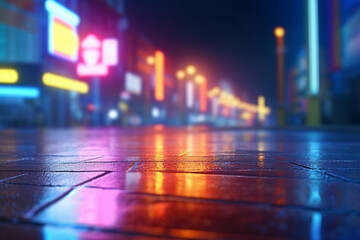 Neon-lit urban setting with searchlight beam, smoky abstract ambiance on wet asphalt. Generative AI