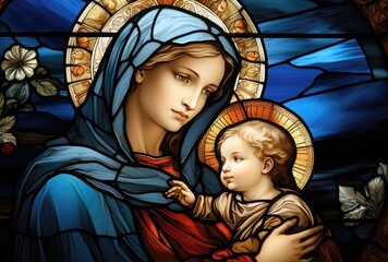 Illustration in the style of a stained glass window with the image of the Madonna and child Jesus