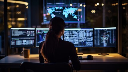 A woman works on several computer screens. Generative AI