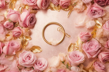 Romantic wedding background featuring gold rings, Eustoma roses, and delicate pink feathers. Generative AI