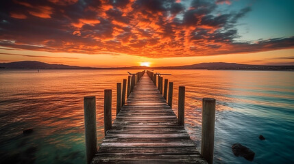 Obraz premium A long wooden jetty over water with a vibrant sunset. Tranquil beach image with no people. Holiday or vacation travel image.