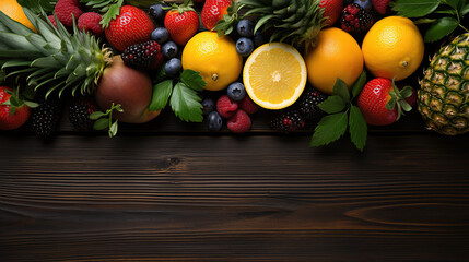 Cool summer fruits on a wood banner background. Copy space. Created with Generative AI