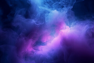 Serene darkness enveloped by purple and blue searchlights amidst smoke. Generative AI