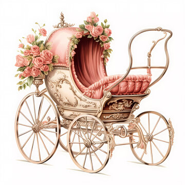Vintage pink baby pram clipart isolated on a white background. Ornate victorian infant carriage with flowers 