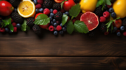 Cool summer fruits on a wood banner background. Copy space. Created with Generative AI
