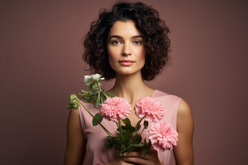 Studio portrait of a woman in pink clothes holding fresh flowers. High quality photo