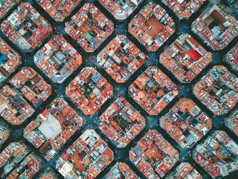 Aerial view over Barcelona where you see the city