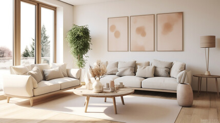 Swedish modern living room with wall art, potted plant, cushions, throw pillows, off-white and light wood color scheme