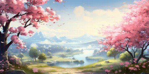 Naklejka na ściany i meble Backdrop of Rebirth - A Lush Spring Background Symbolizing New Beginnings and Blossoming Life Generative Ai Digital Illustration