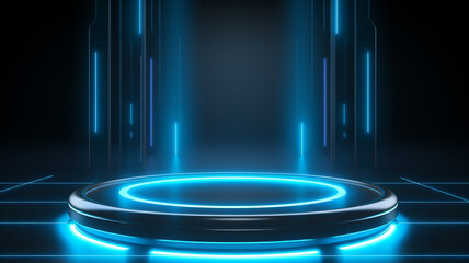 Futuristic abstract blue neon light product background stage or podium pedestal on grunge street floor with glow spotlight and blank display platform. 3D rendering