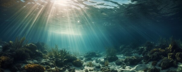 Naklejka na ściany i meble underwater scene with rays of light, Underwater Light Erupts from the Ocean Background, Illuminated by the Radiant Sun, in a Visually Poetic Display of Teal and White, Creating a Captivating