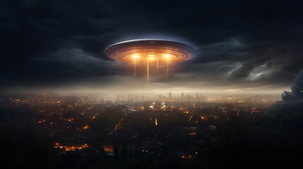 Fototapeta na wymiar UFO flying saucer in the sky, concept of advanced sci-fi technology and aliens