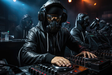 Obraz na płótnie Canvas A DJ in a nightclub commands attention with a mask adorning their head, captivating the audience with a front view of them rocking the mixer. Generative Ai.