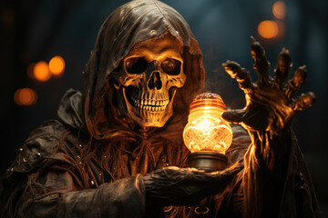 Embrace the Halloween spirit as a human skeleton holds a lantern in its bony hand, creating an eerie yet captivating scene. Generative Ai.