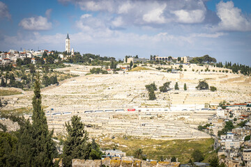 Fototapeta premium mount of olives, jewish cemetery, view from ramparts walk, jerusalem, old city, ramparts walk, israel, middle east