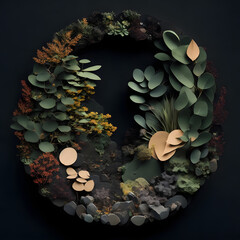 flowers with leaves in a circle, background, paper art style ai generated