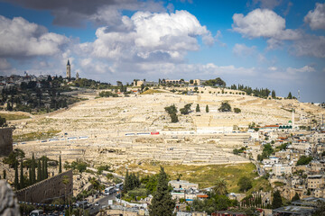 Fototapeta na wymiar mount of olives, jewish cemetery, view from ramparts walk, jerusalem, old city, ramparts walk, israel, middle east